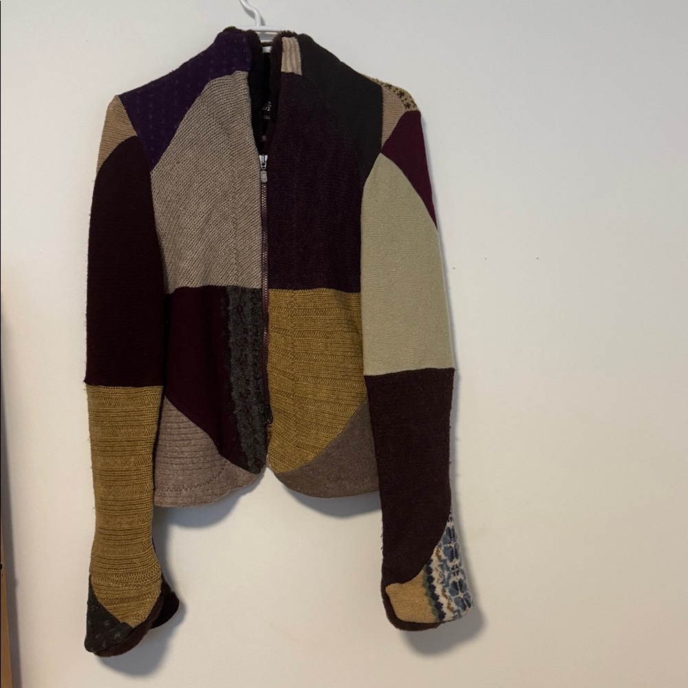 Myco Anna Multicolor Patchwork Cardigan with zipper.  Very cozy
